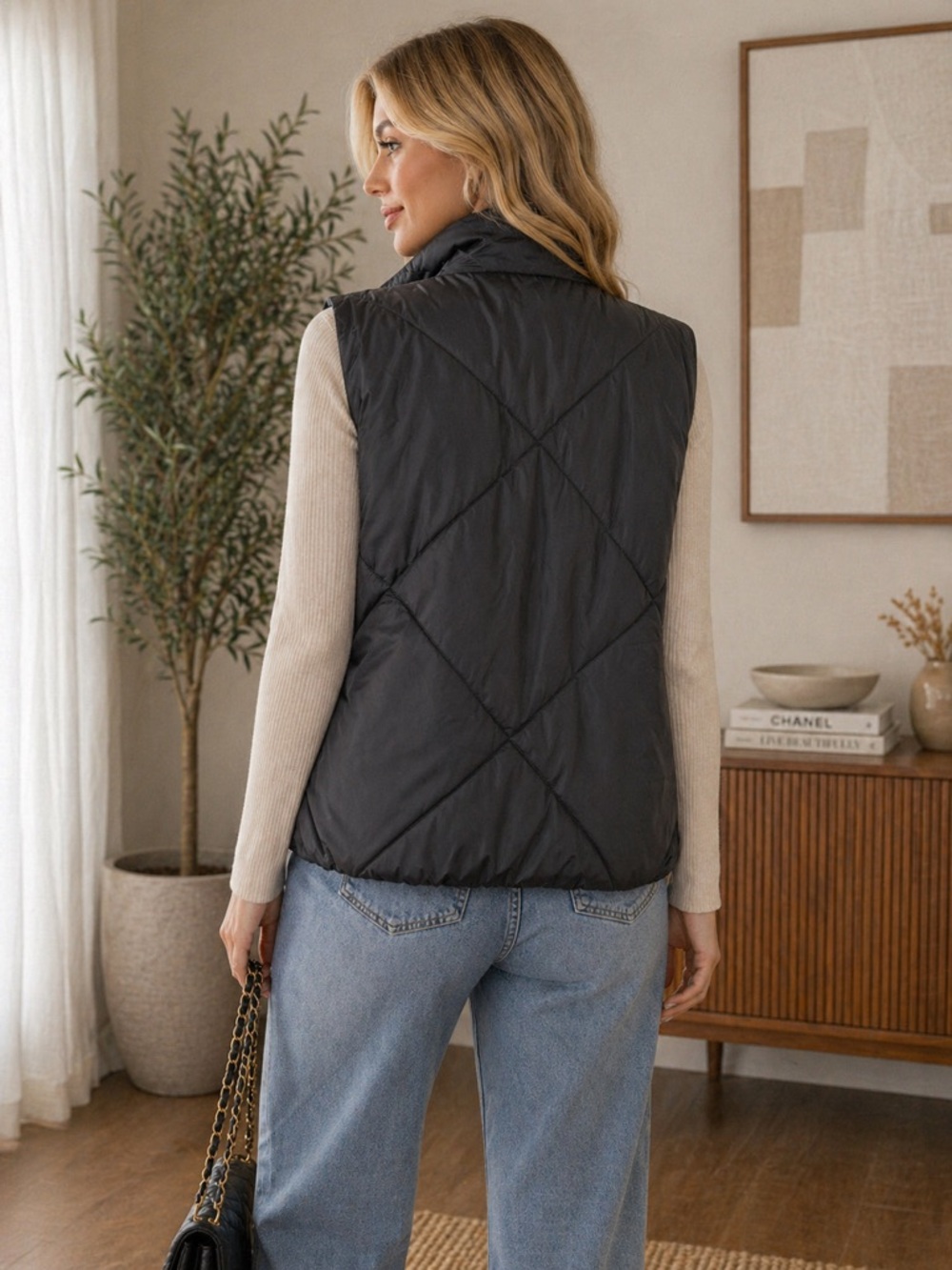 Black Quilted Puffer Vest Zip Up Lightweight Layering Jacket Women | Size L - Picture 3 of 10